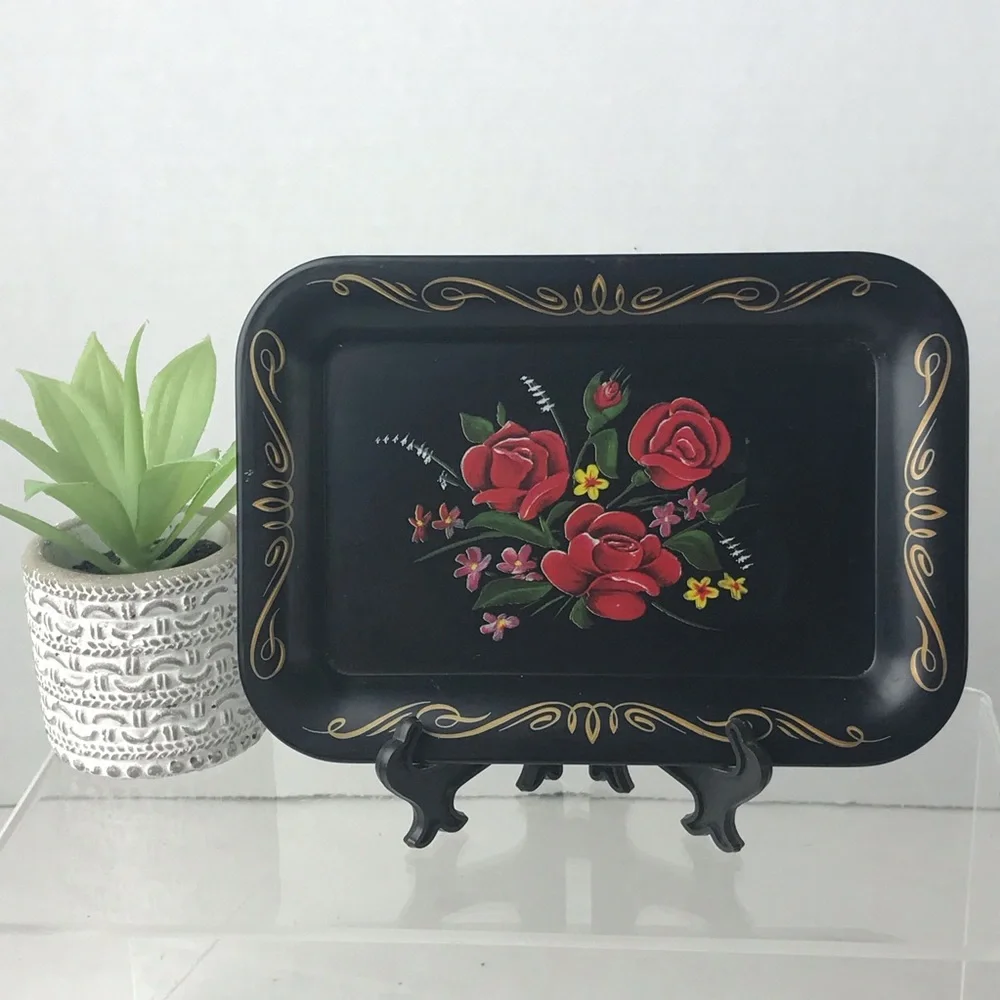 VINTAGE TOLE TRAY METAL HAND PAINTED BLACK FLORAL TRINKET DISH